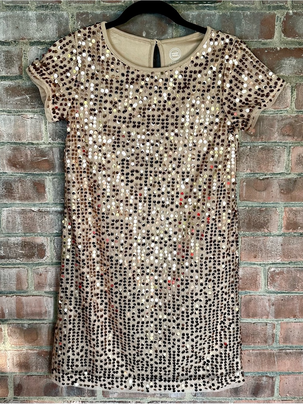 wonder nation Champagne Sequin Short Sleeve Shift Dress